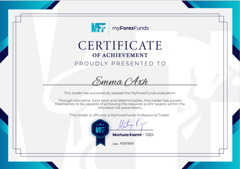 Emma CErtificate of Achievement Funded Trader with my forex funds