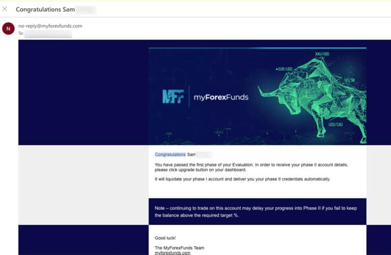 MyForexFunds Email Confirmation of Winning Phase 1
