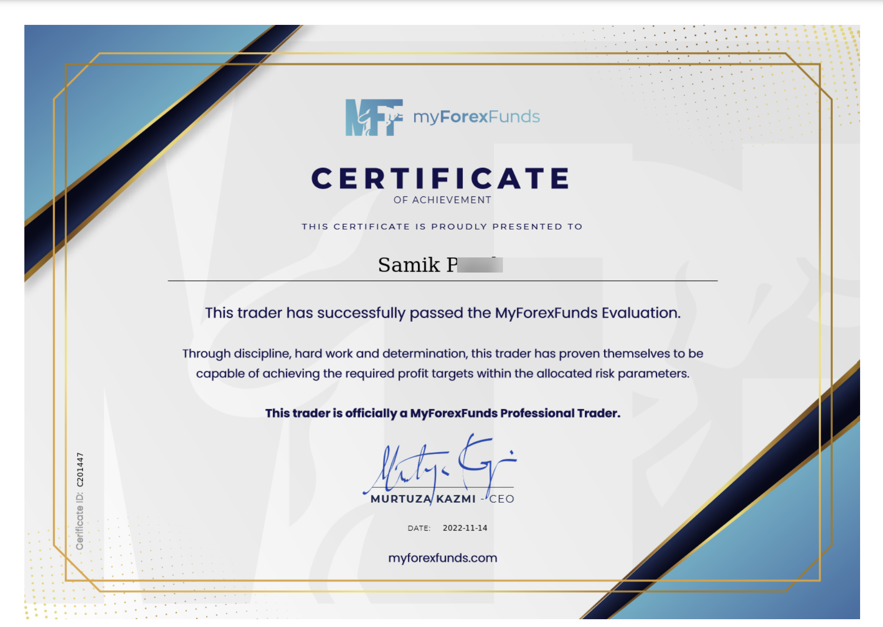 Sam Patel Myforexfunds.com Funded Trader Certificate